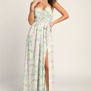 Lulu's Effortlessly Abloom Green Multi Floral Ruched Halter Maxi Dress